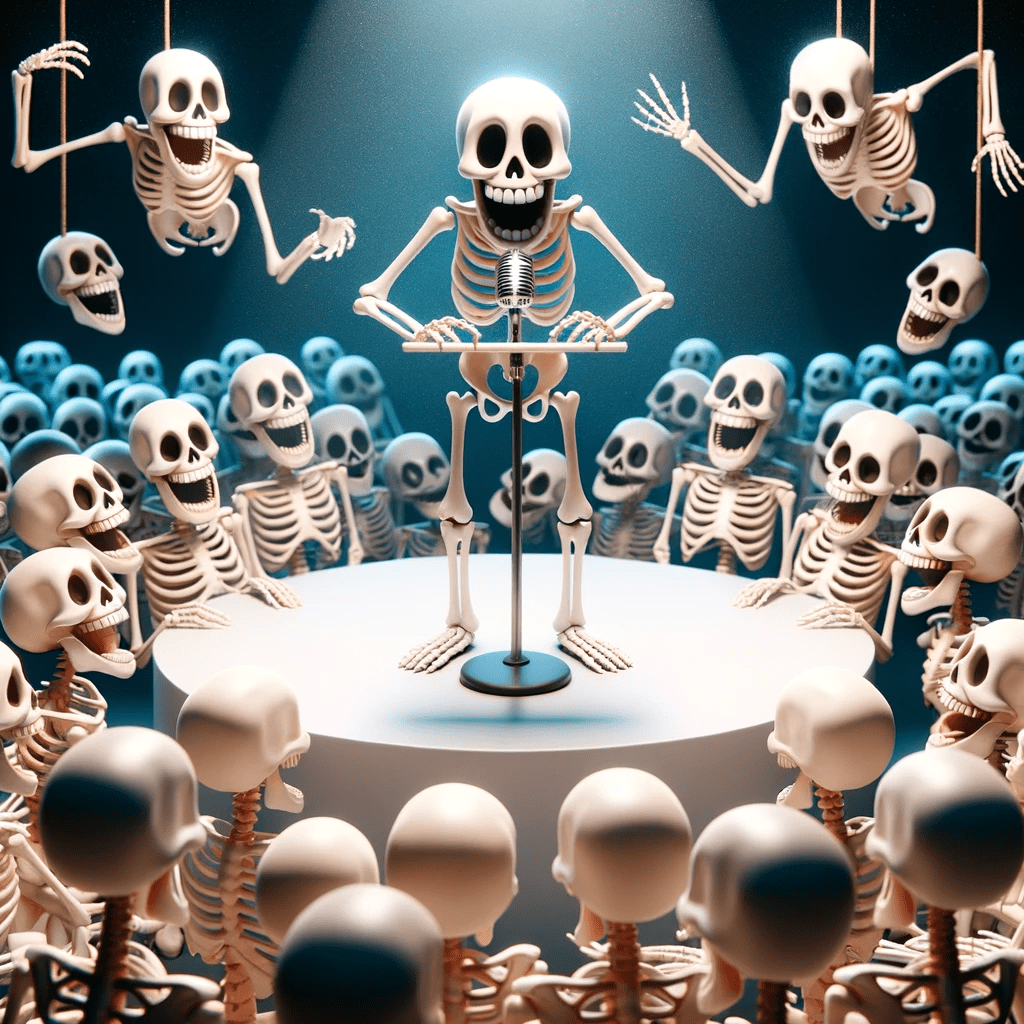 Artistic depiction of a bone character standing at a comedy podium, surrounded by laughing skeletal audience members, delivering witty bone-related jo.