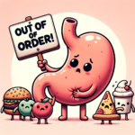 Illustration of a cartoon stomach with a worried expression. It's holding a sign that reads, 'Out of order!' Around the stomach, cartoon food items