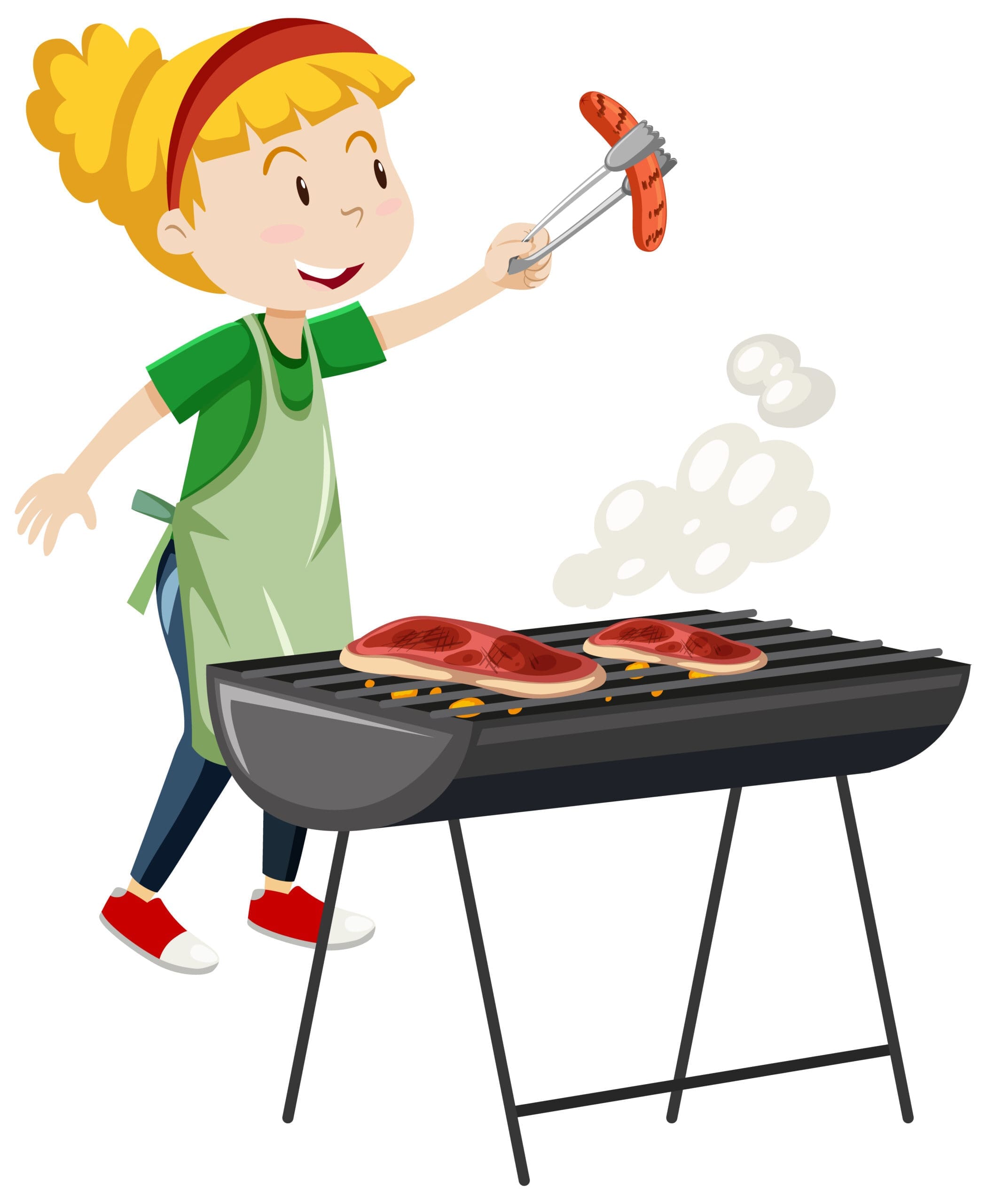 Cartoon graphic of a happy kebab skewer with a chef’s hat and sunglasses on a grill-themed background.