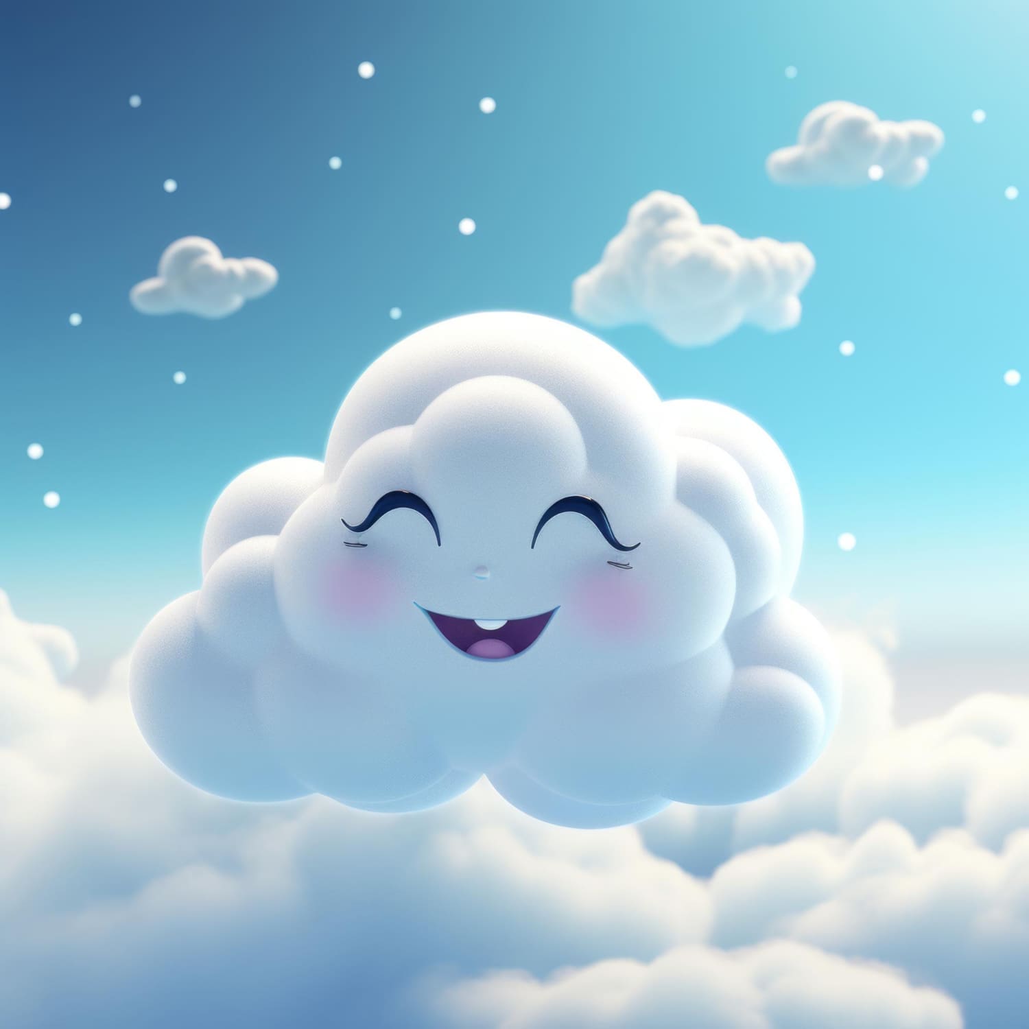 Cartoon graphic of a smiling blue sky with fluffy white clouds on a sunny day.