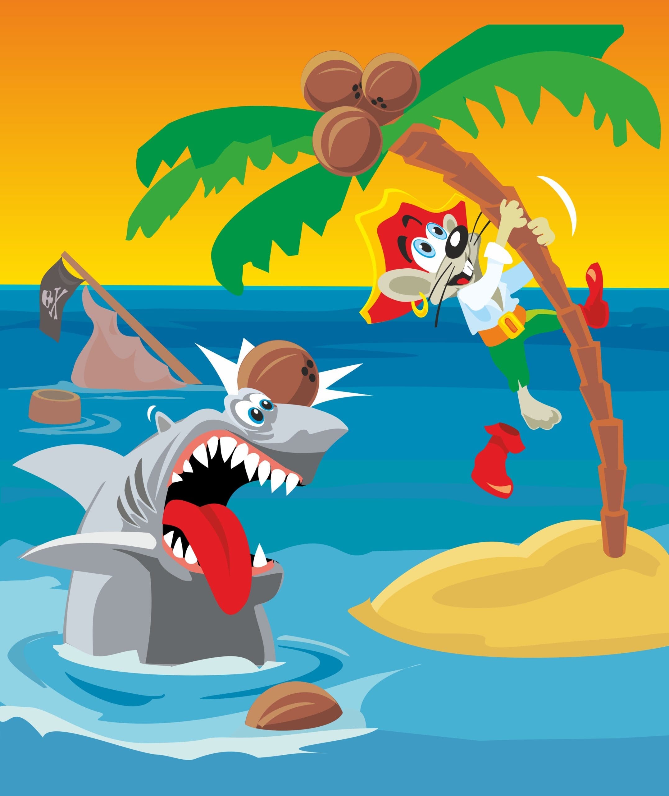 Comics mouse pirate escapes from shark. Vector flat illustration