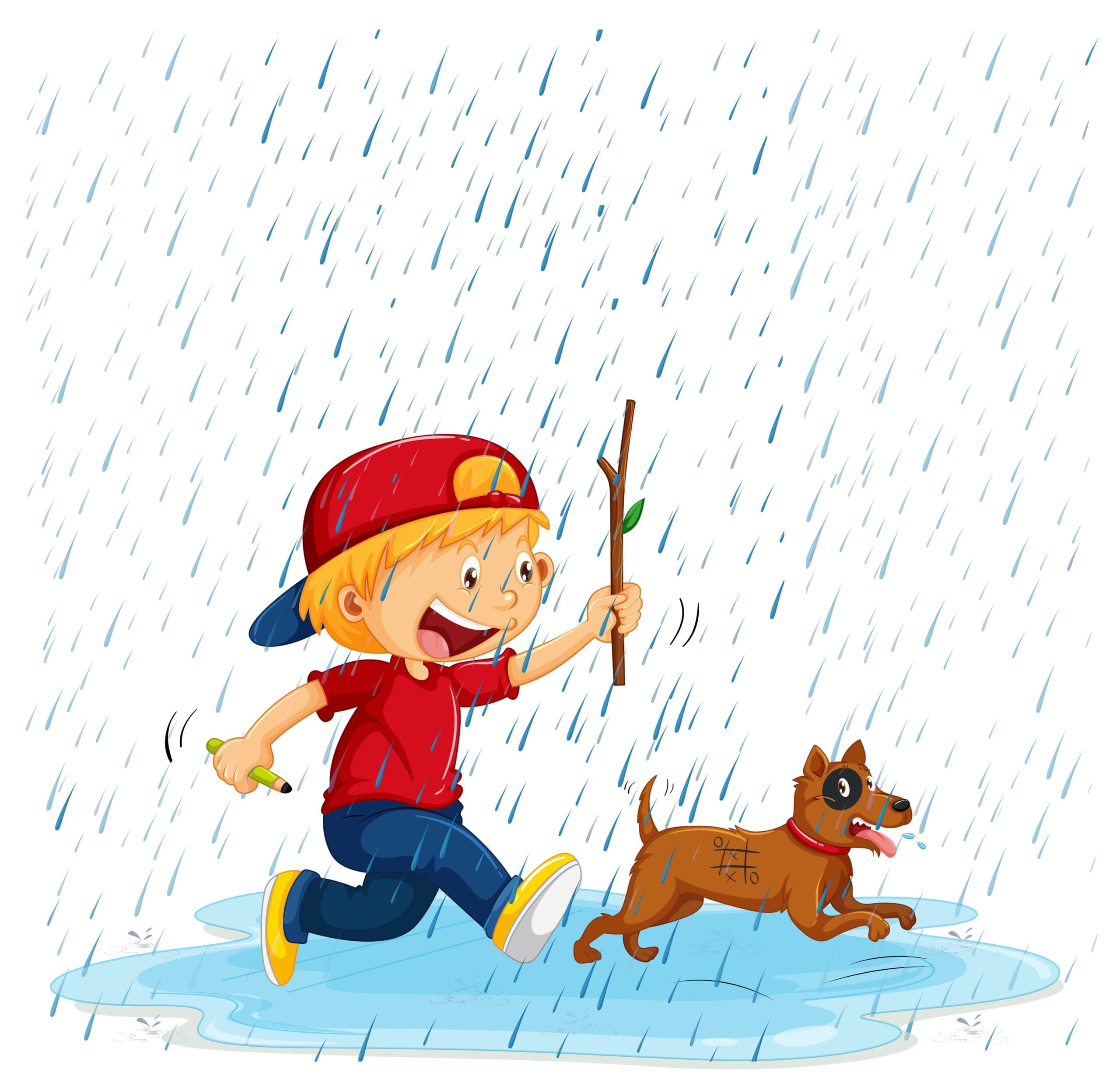 Boy and dog running in rain