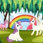 Cartoon graphic of a majestic unicorn in a magical forest.