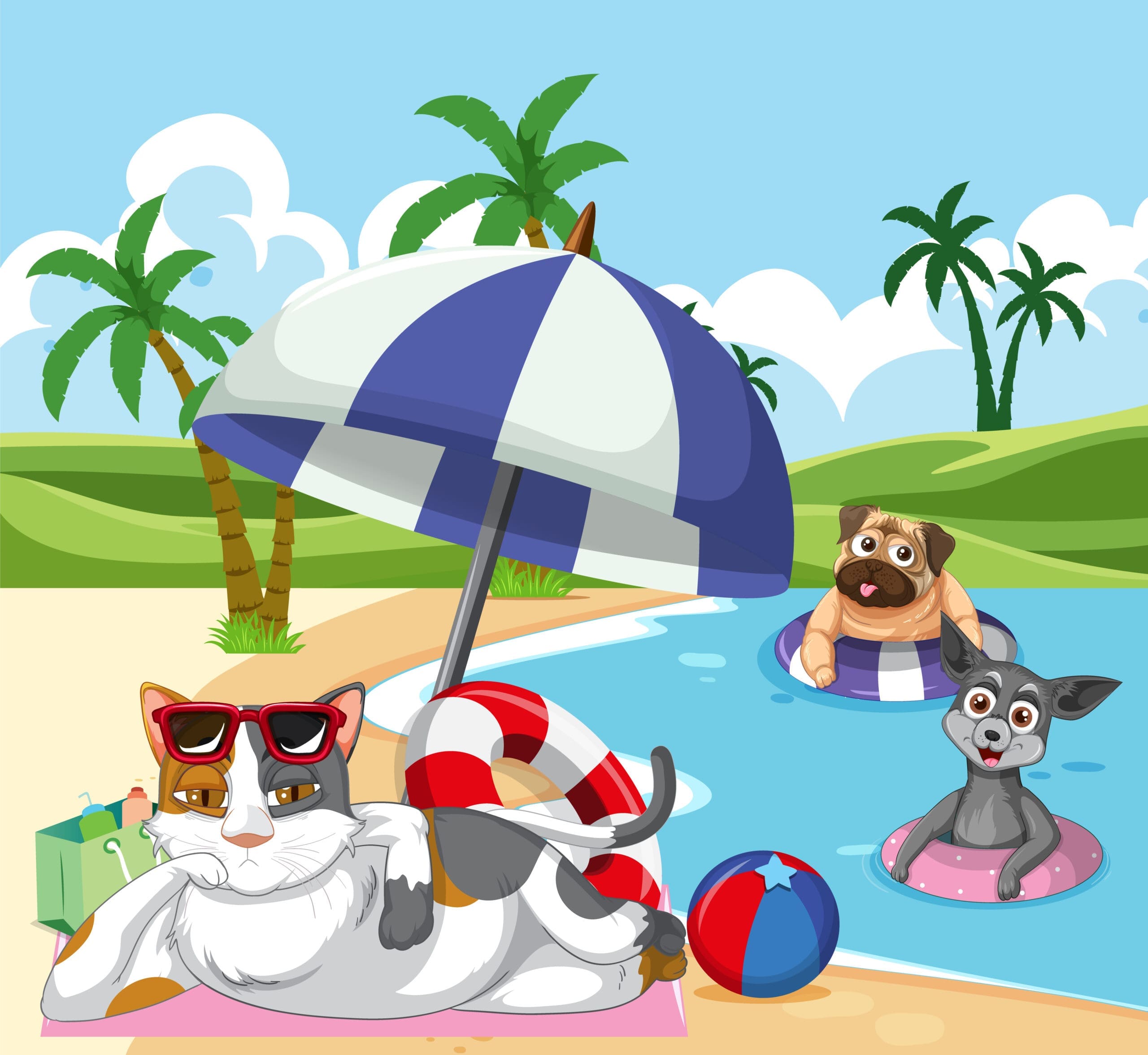 A group of different pet do various activities on the beach