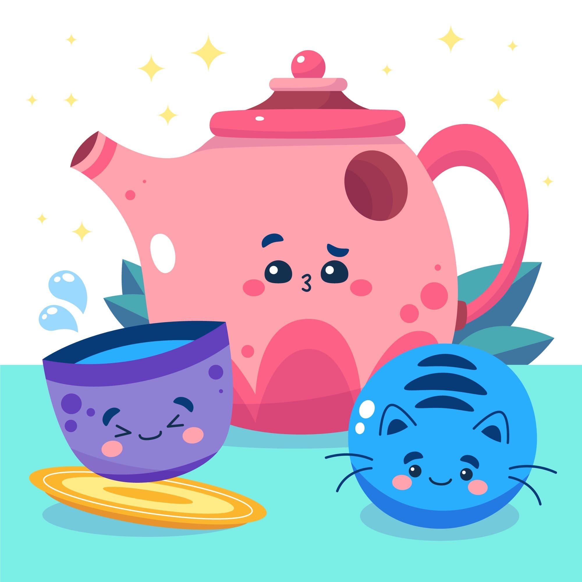 Cartoon graphic of a cheerful teapot pouring tea into a teacup on a tea-themed background.