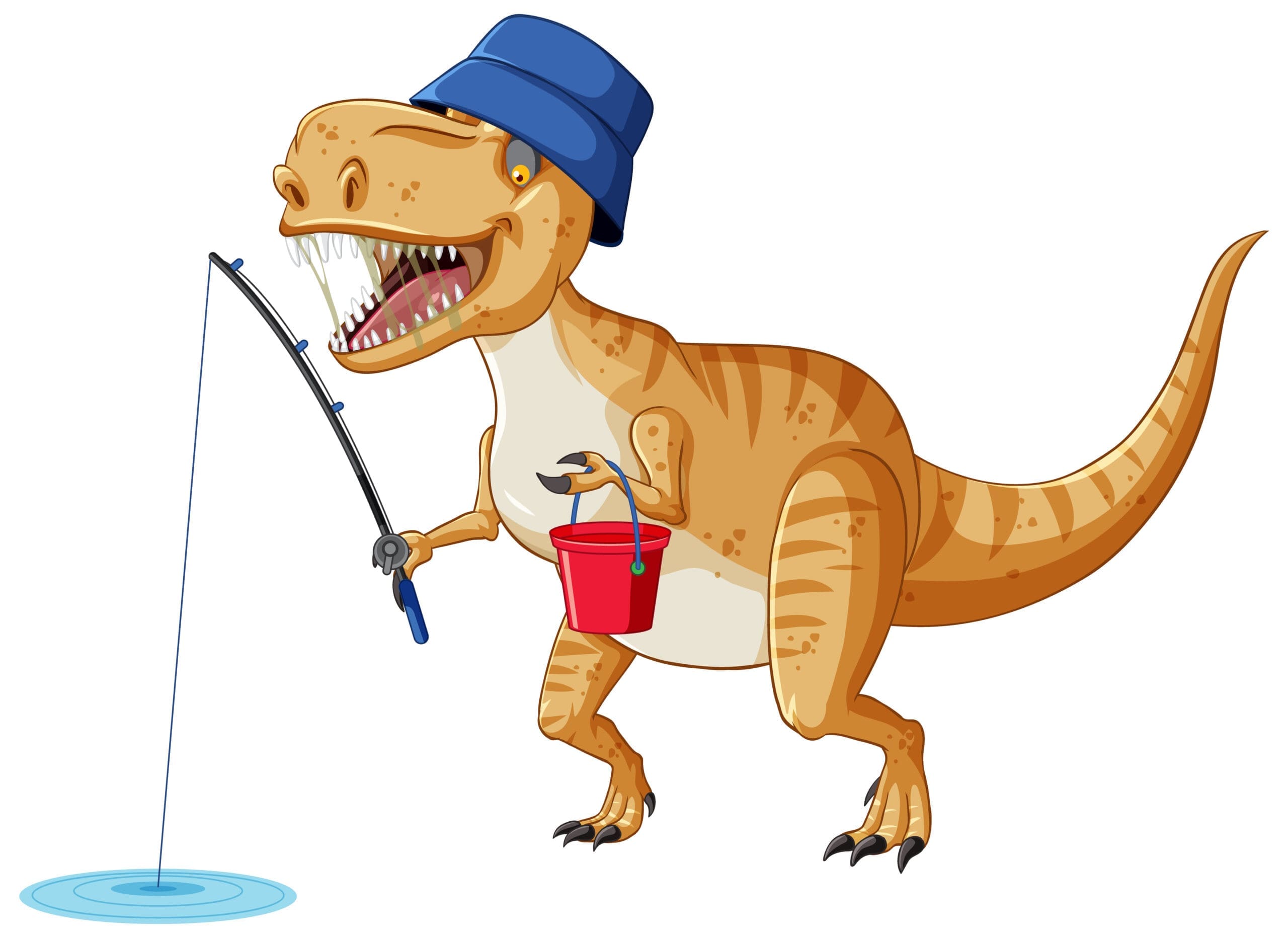 Tyrannosaurus rex dinosaur fishing in cartoon style