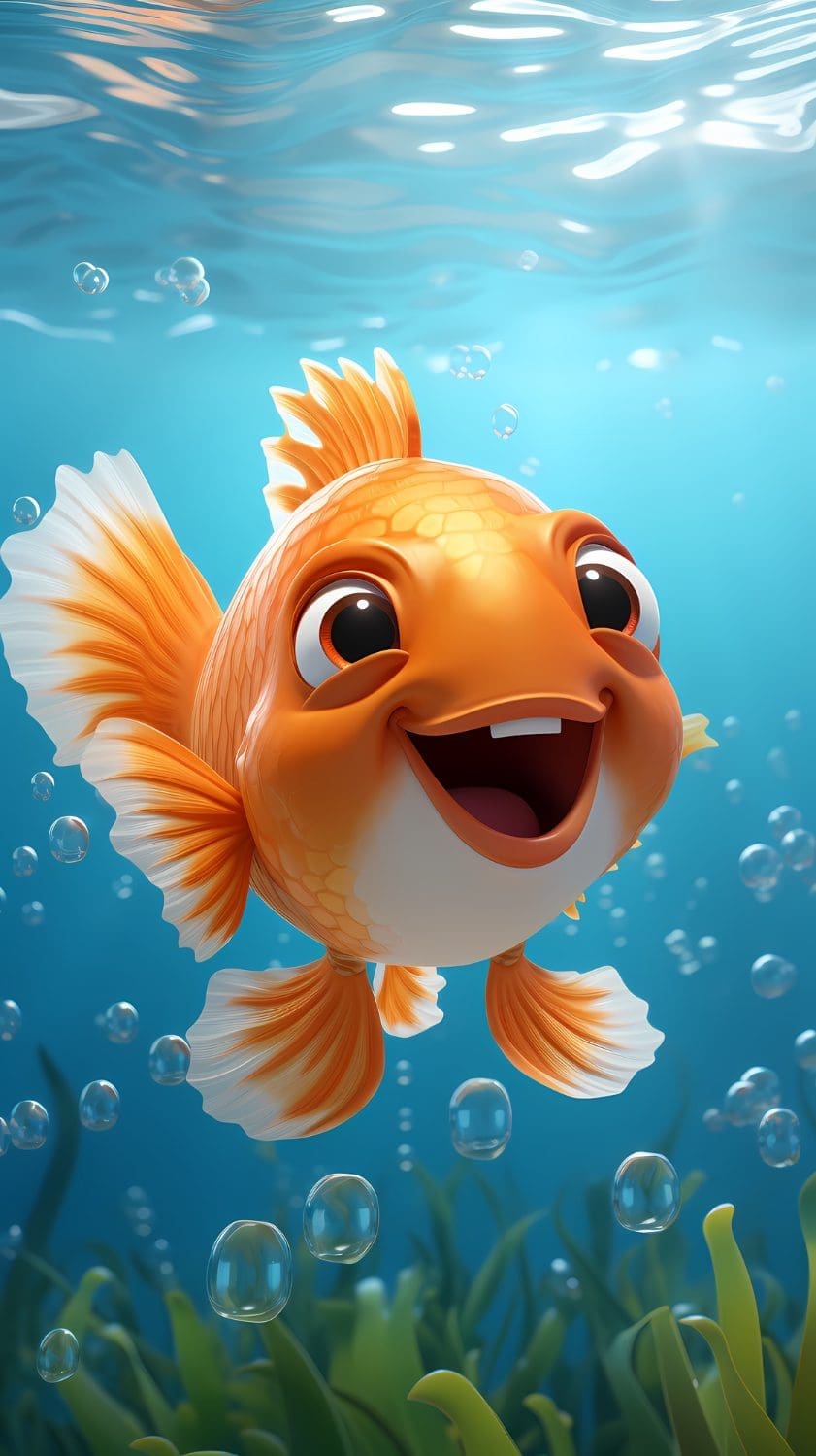 Cartoon graphic of a content fish in the ocean.