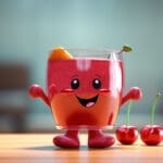 Cartoon graphic of a content jelly jar with a smile on a fruity background.