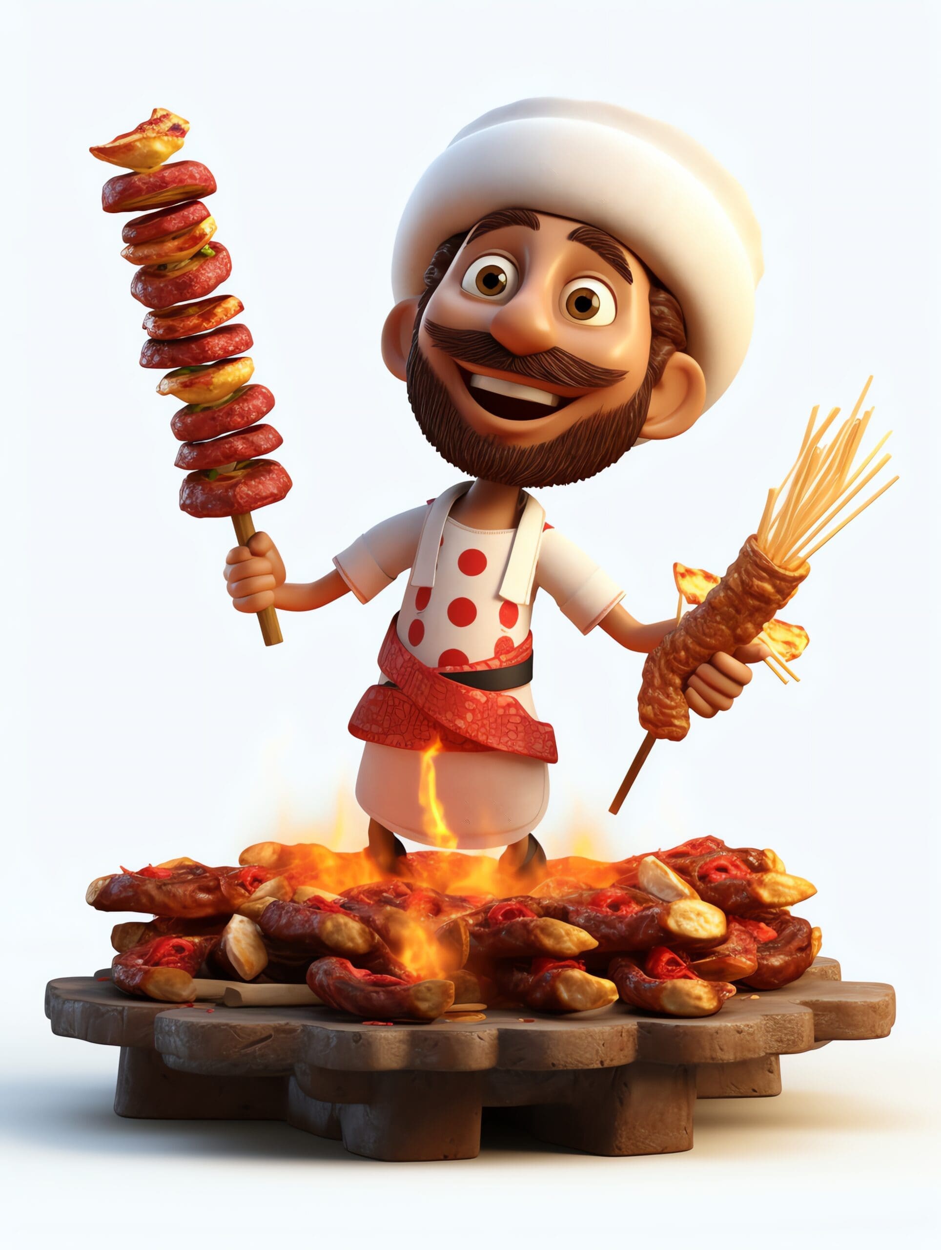 Cartoon graphic of a happy grill with a chef’s hat and a spatula on a barbecue-themed background.