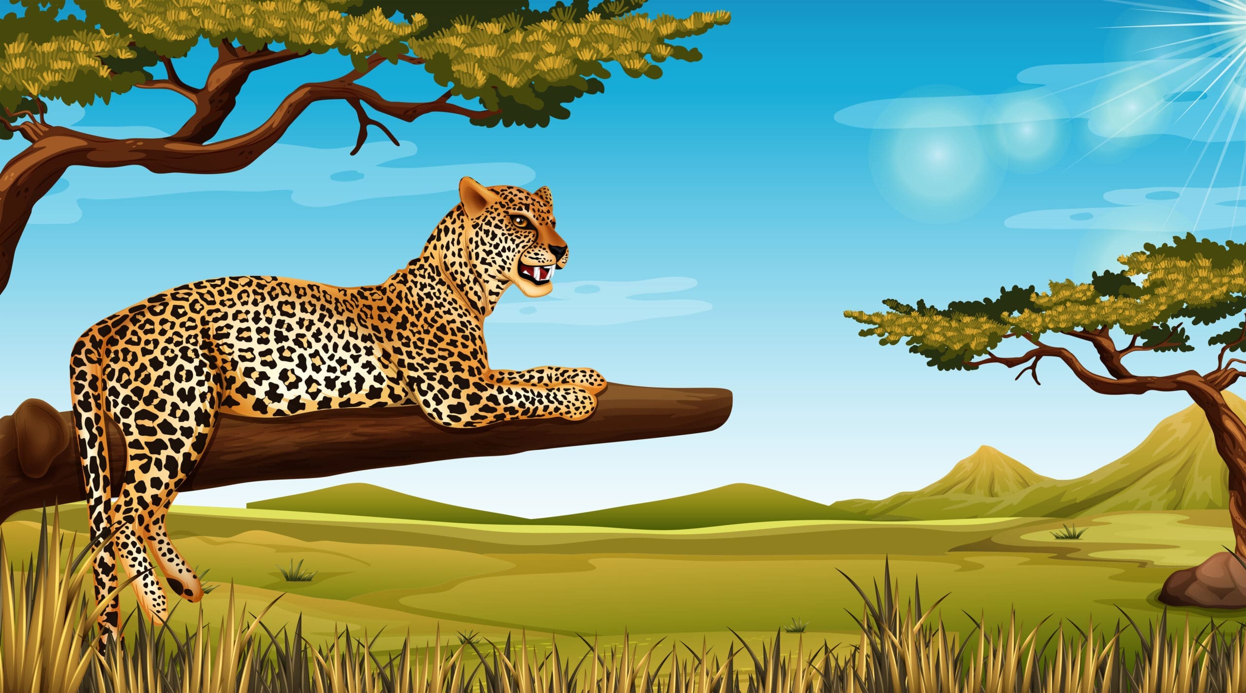 Cartoon graphic of two leopards lounging on a tree branch.