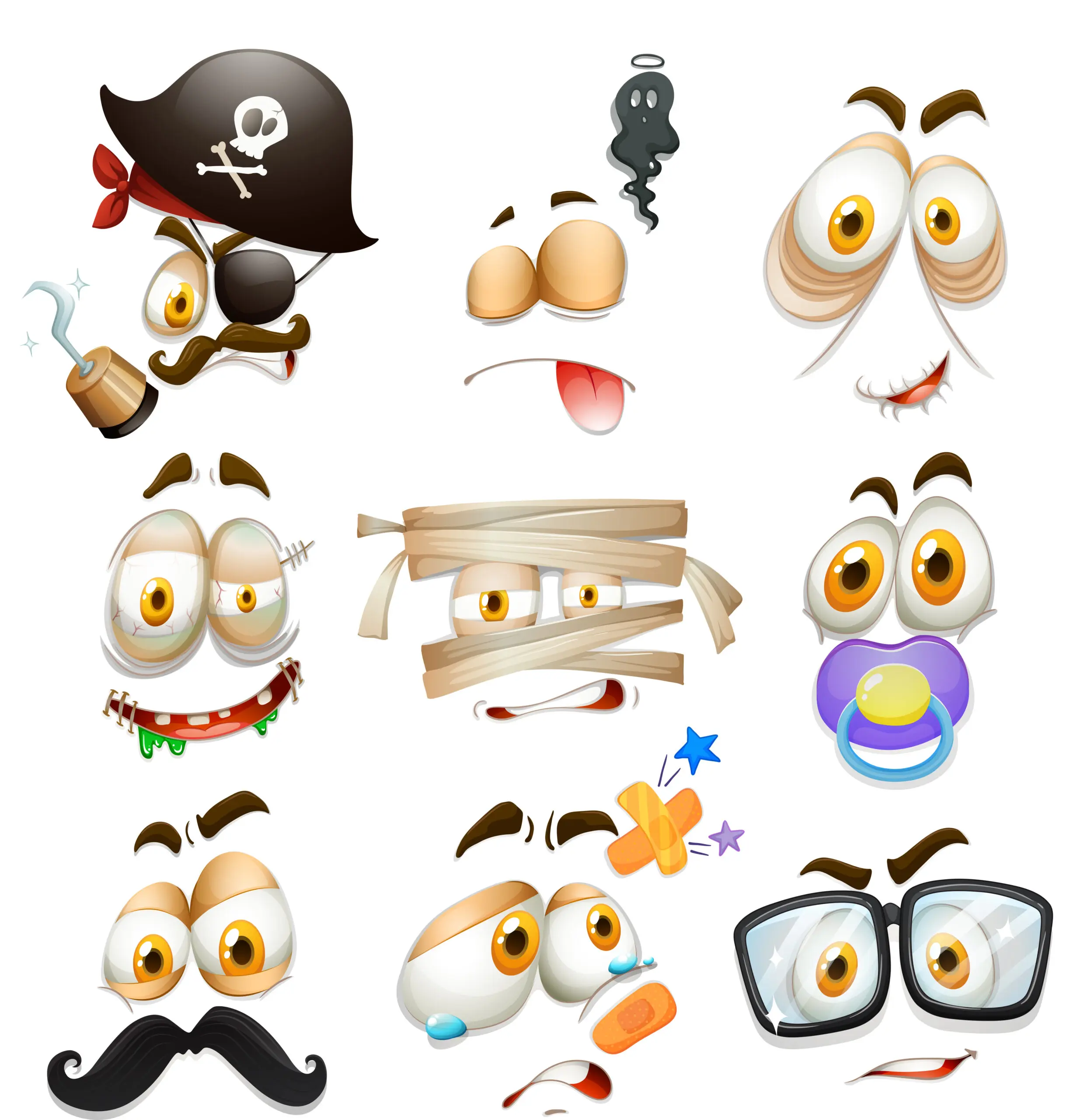 Cartoon graphic of a variety of noses with funny expressions.