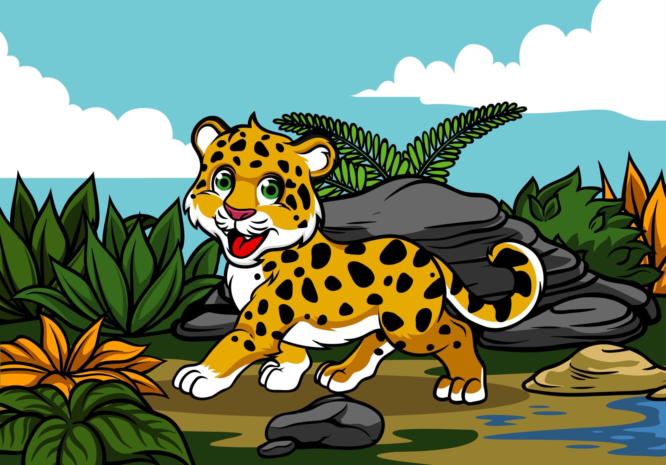 Cartoon graphic of two cheerful leopards waving goodbye with their spotted tails held high.