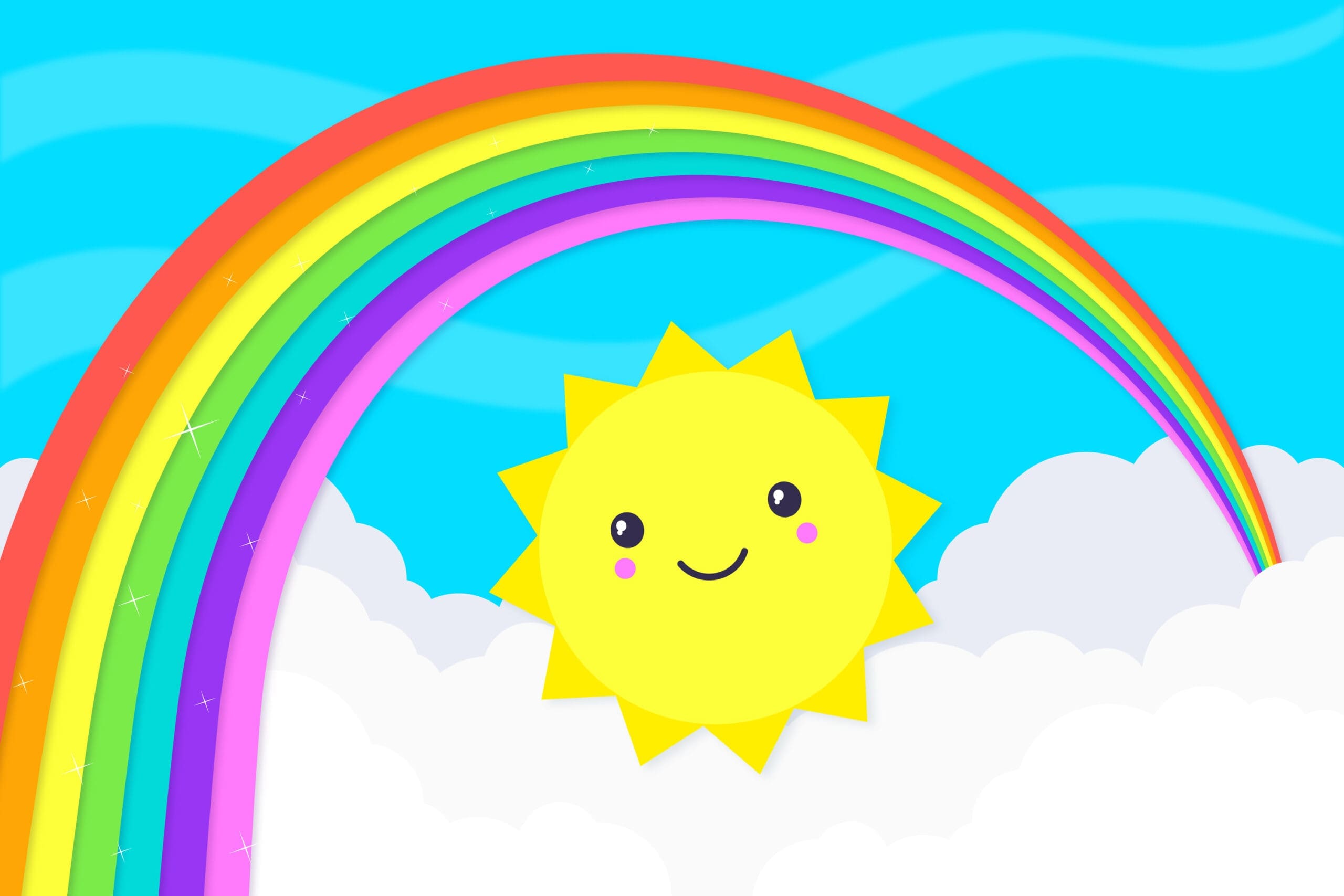 Cartoon graphic of a cheerful rainbow with sunglasses.