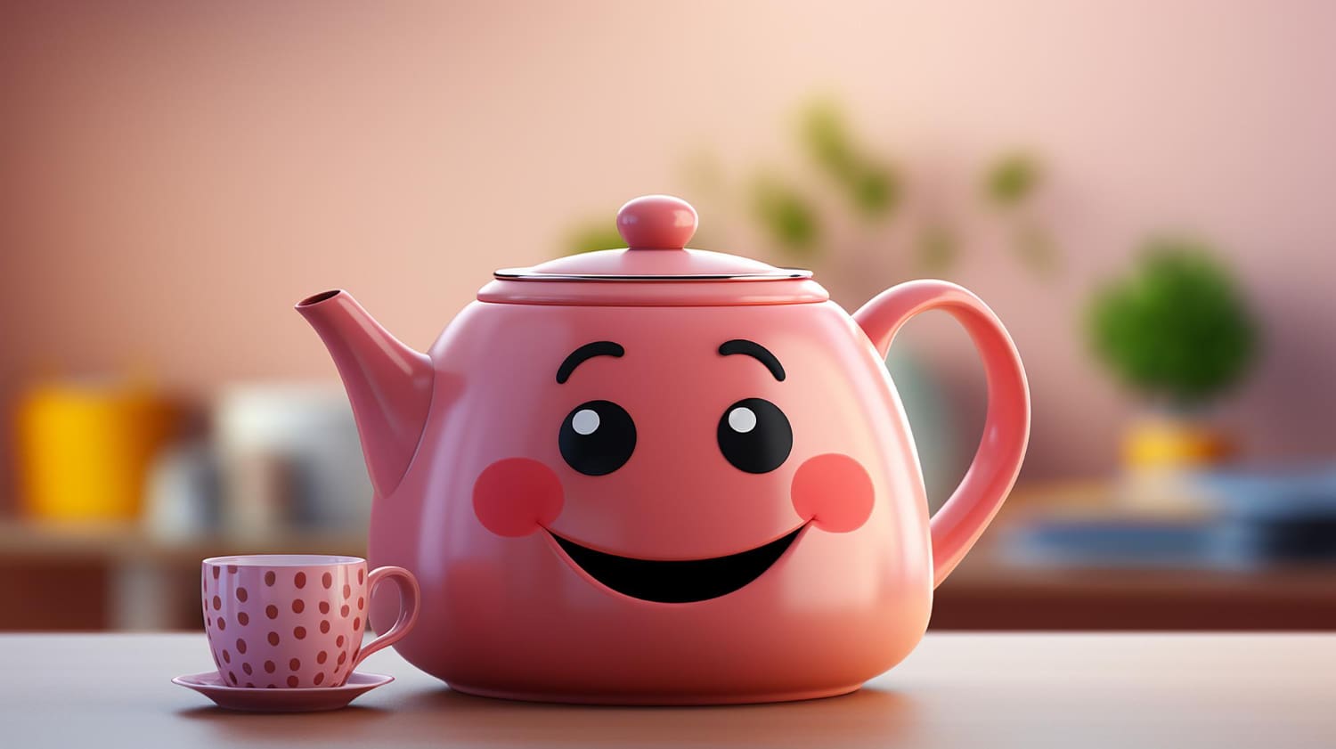 Cartoon graphic of a satisfied teapot with a chef’s hat and sunglasses waving goodbye on a tea-themed background.