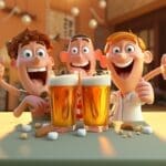 Cartoon graphic of a cheerful group of alcoholic beverages raising their glasses in a final toast on a lively background.