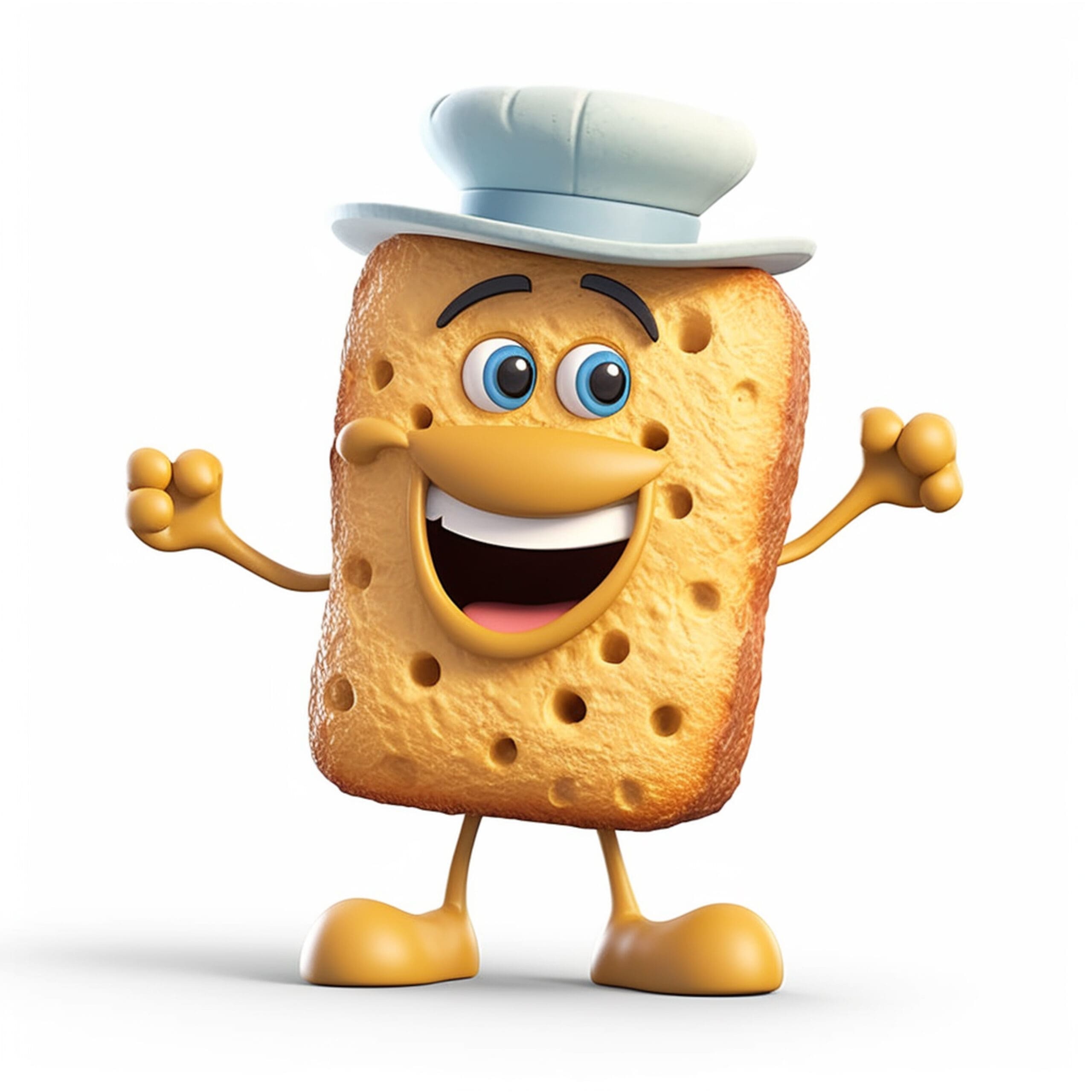 Cartoon graphic of a satisfied biscuit with a chef’s hat and a rolling pin waving goodbye on a colorful background.
