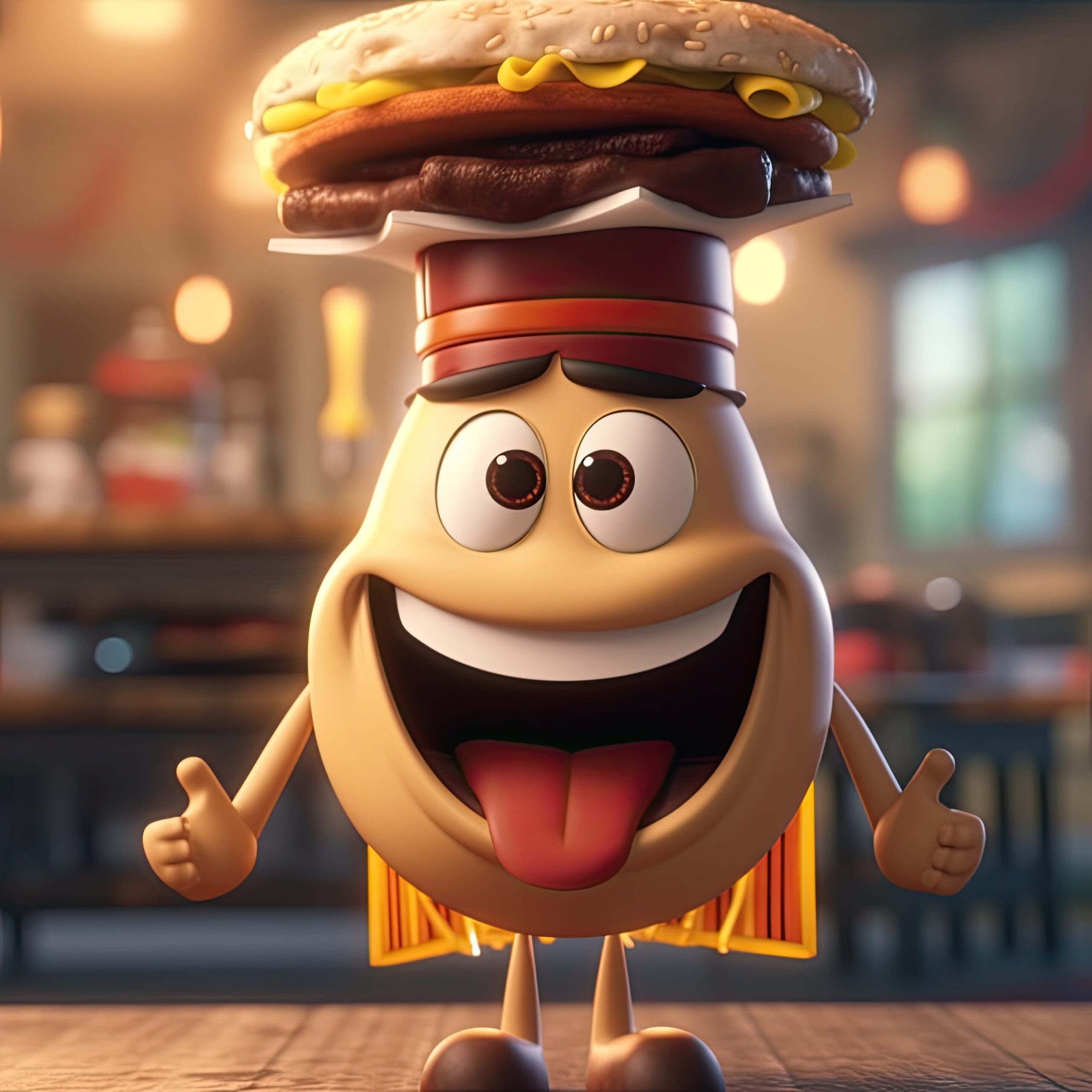 Cartoon graphic of a happy burger with a chef’s hat and a grin on a grill-themed background.