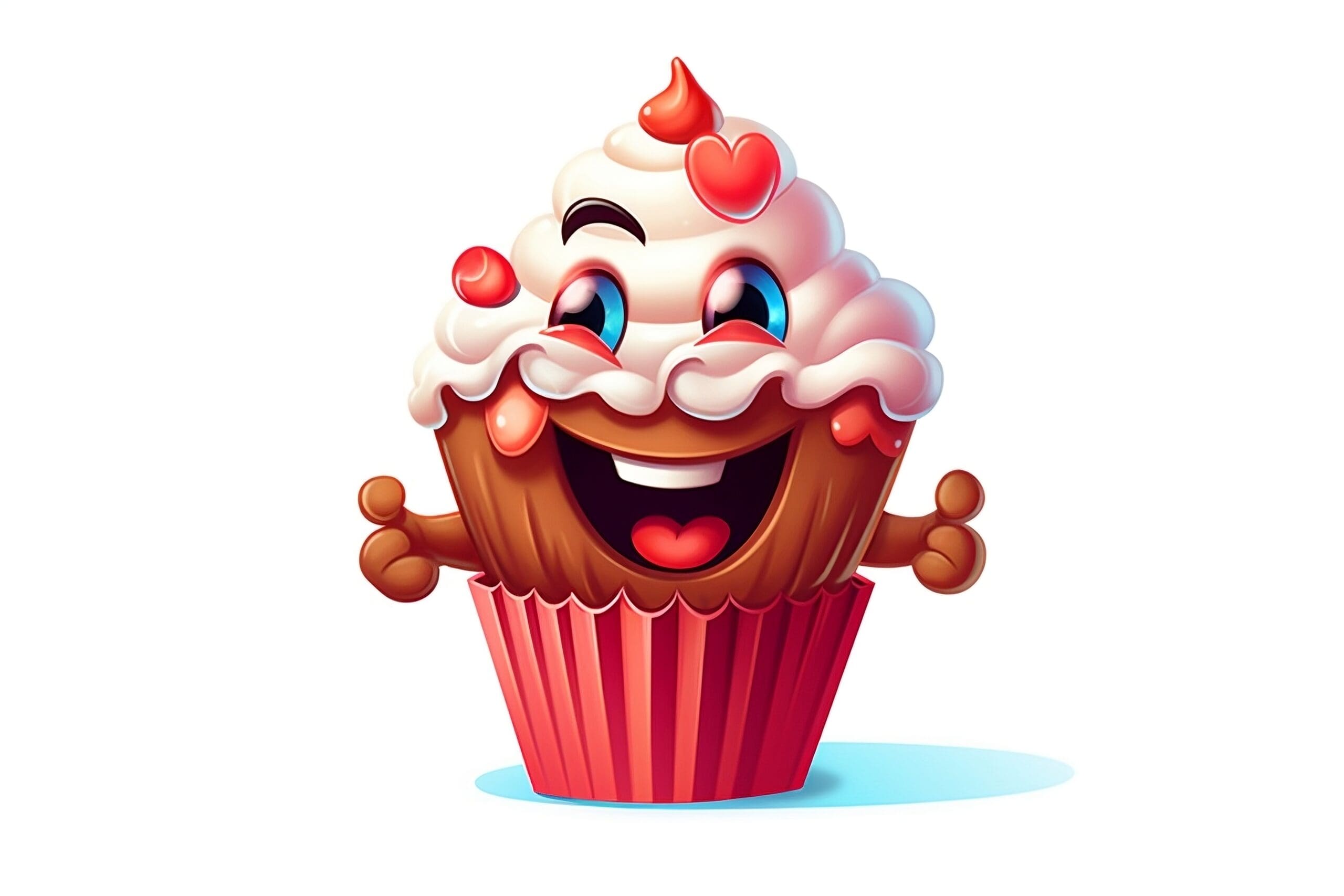 Cartoon graphic of a satisfied cupcake with a chef’s hat and a smile waving goodbye on a dessert-themed background.