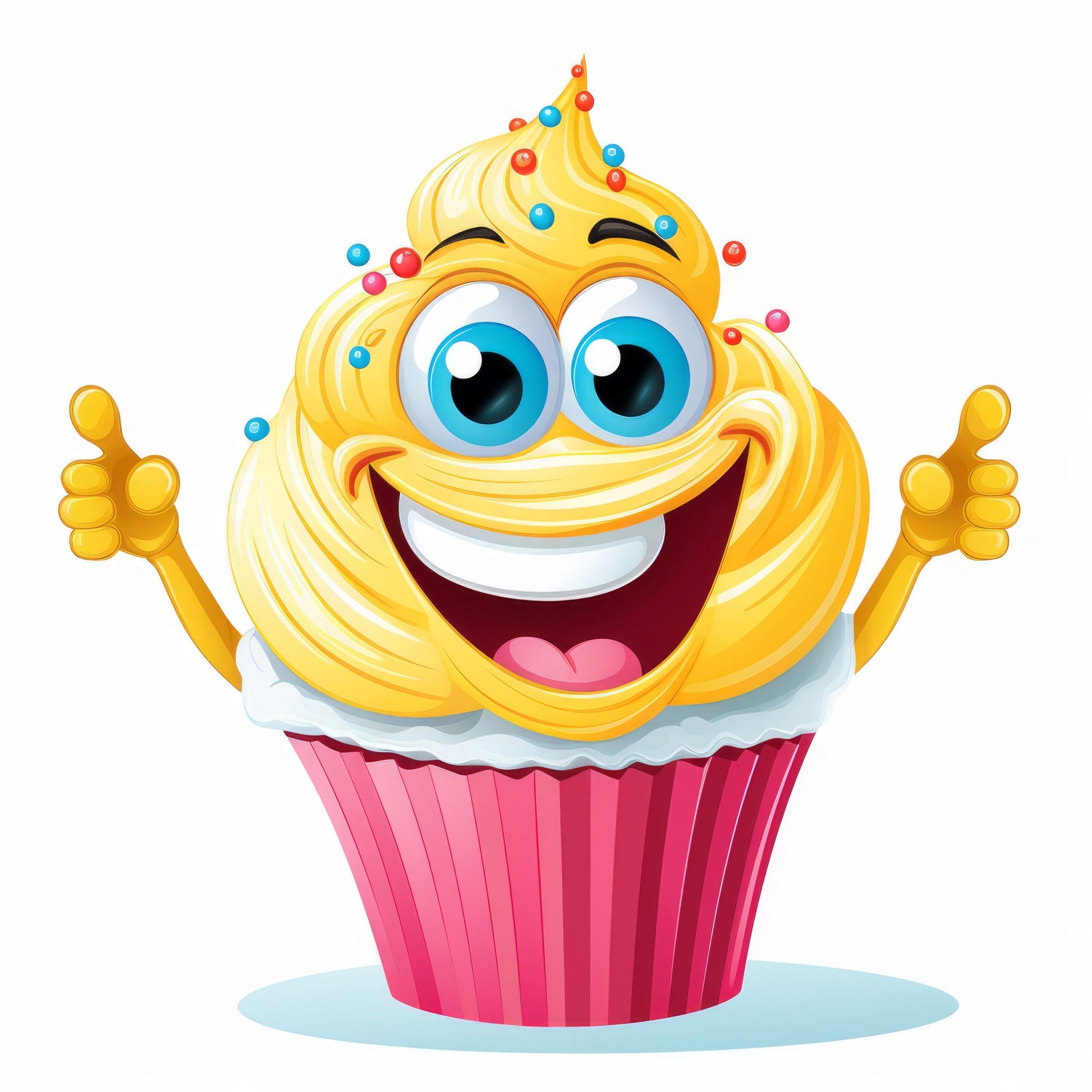 Cartoon graphic of a happy cupcake with a chef’s hat and a smile on a dessert-themed background.