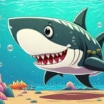 Cartoon graphic of a cheerful shark in an underwater scene.