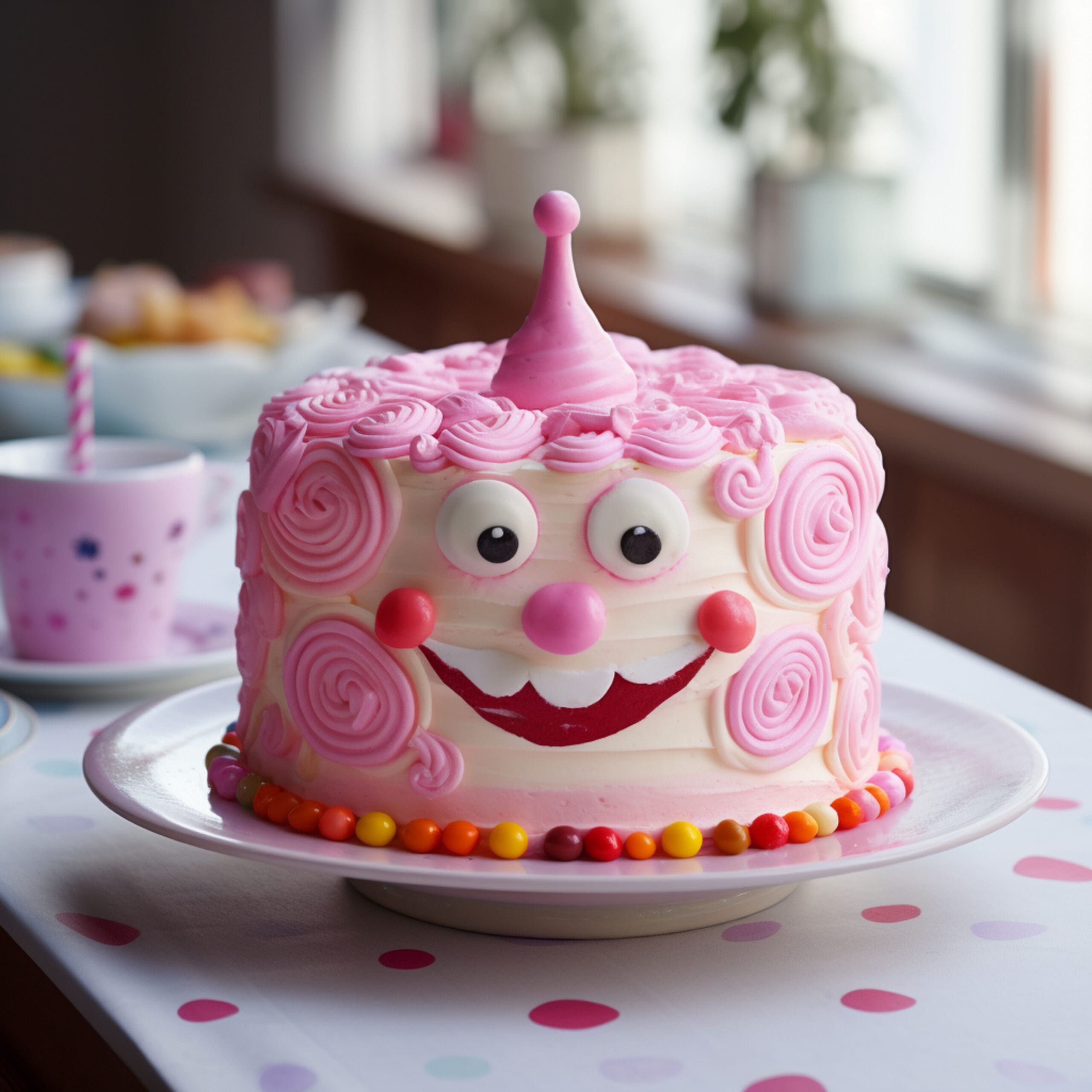 Cartoon graphic of a cheerful cake with a chef’s hat and a grin on a dessert-themed background.