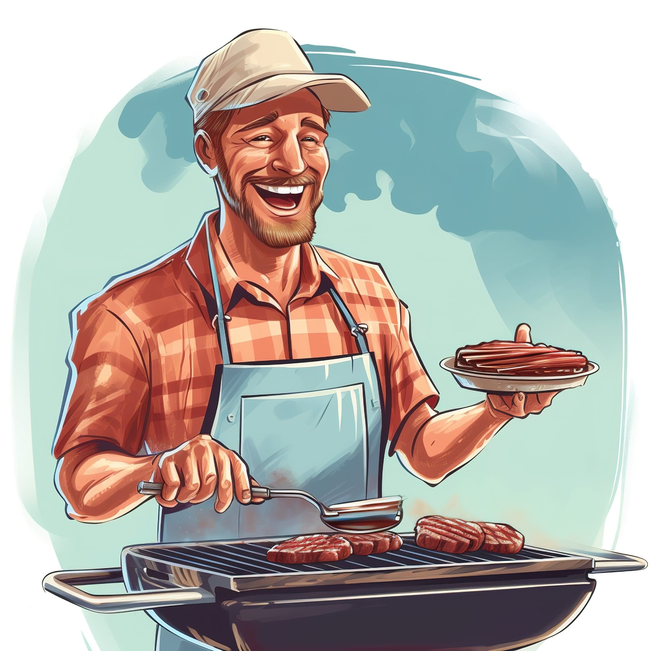 Cartoon graphic of a satisfied steak with a chef’s hat waving goodbye on a colorful background.