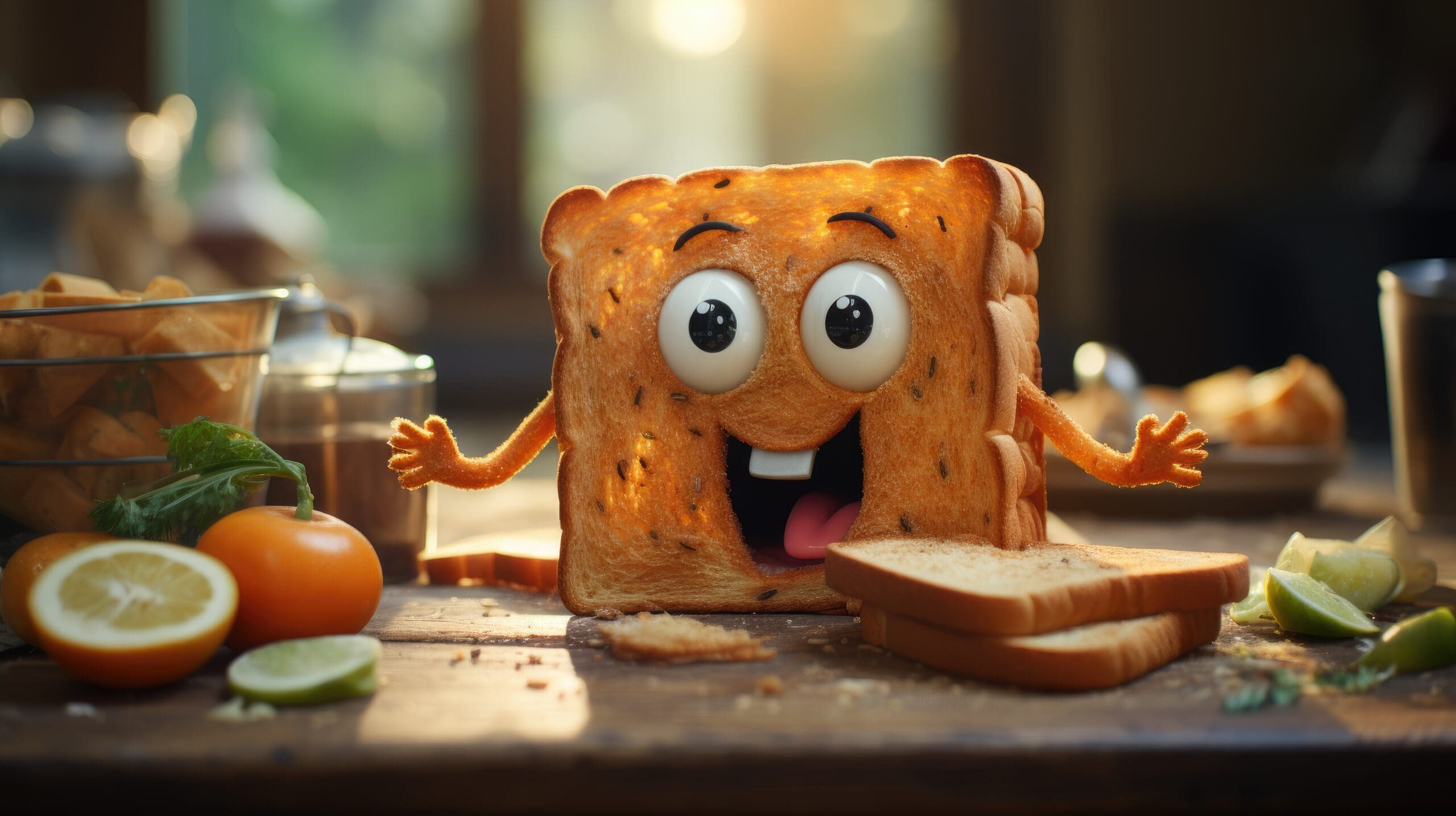 Cartoon graphic of a cheerful breakfast spread with smiling eggs, bacon, and toast on a breakfast-themed background.