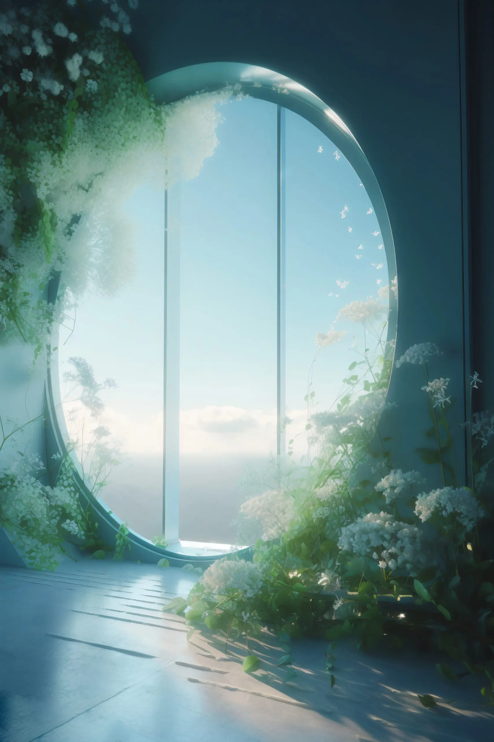 window with surreal magical landscape view scaled