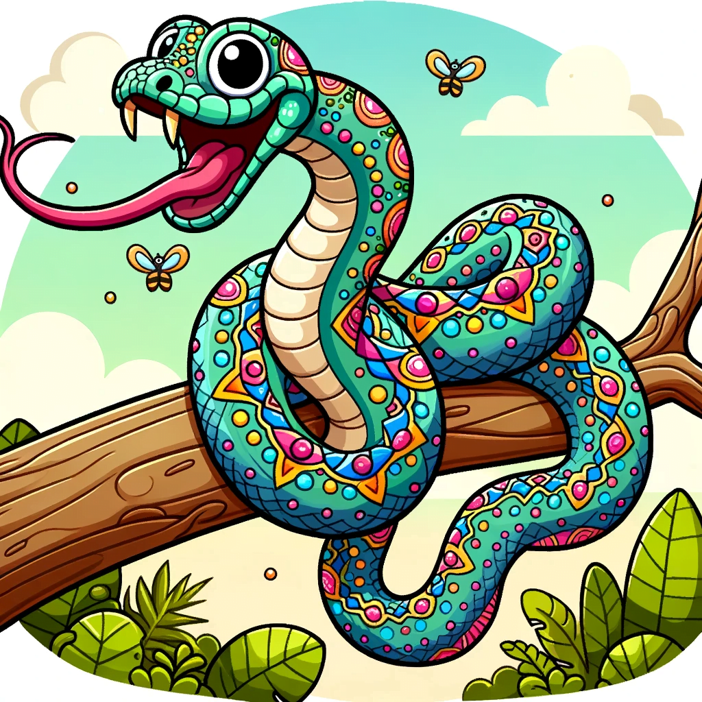 Cartoon depiction of a dazzling snake with intricate patterns along its body coiled around a sturdy jungle tree branch. Its tongue flicks out occasio