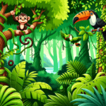 Cartoon-graphic-of-a-dense-vibrant-jungle-with-emerald-green-leaves-and-towering-trees.-A-playful-monkey-swings-from-a-vine-a-curious-toucan-perches