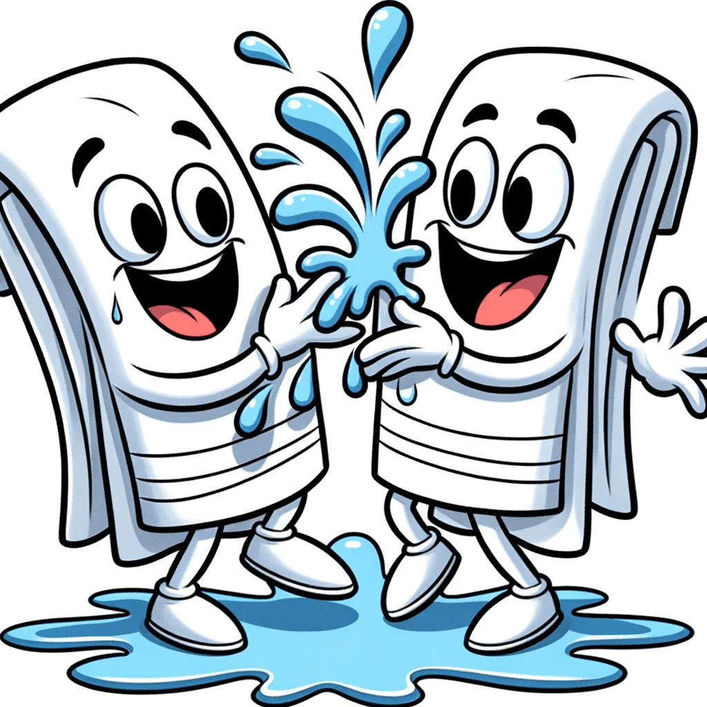 Cartoon of a towel duo performing a slapstick routine one towel accidentally splashing the other with water causing a comical reaction