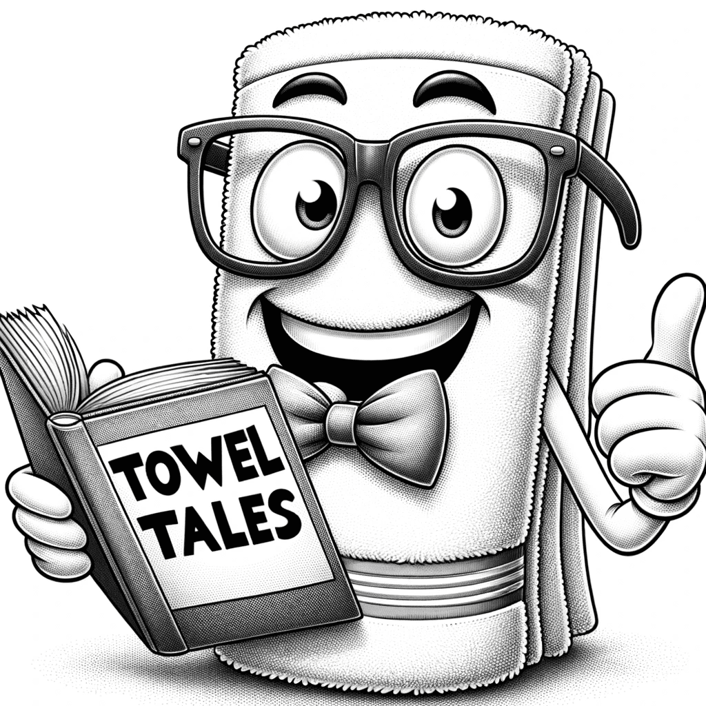 Drawing of a towel wearing oversized glasses and a bowtie holding a joke book titled Towel Tales with a cheeky grin